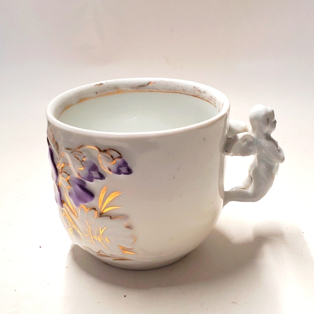 Vintage Tea Cup Mug Angel Handle Gilding Purple Flowers Peaceful Alone Time Cup